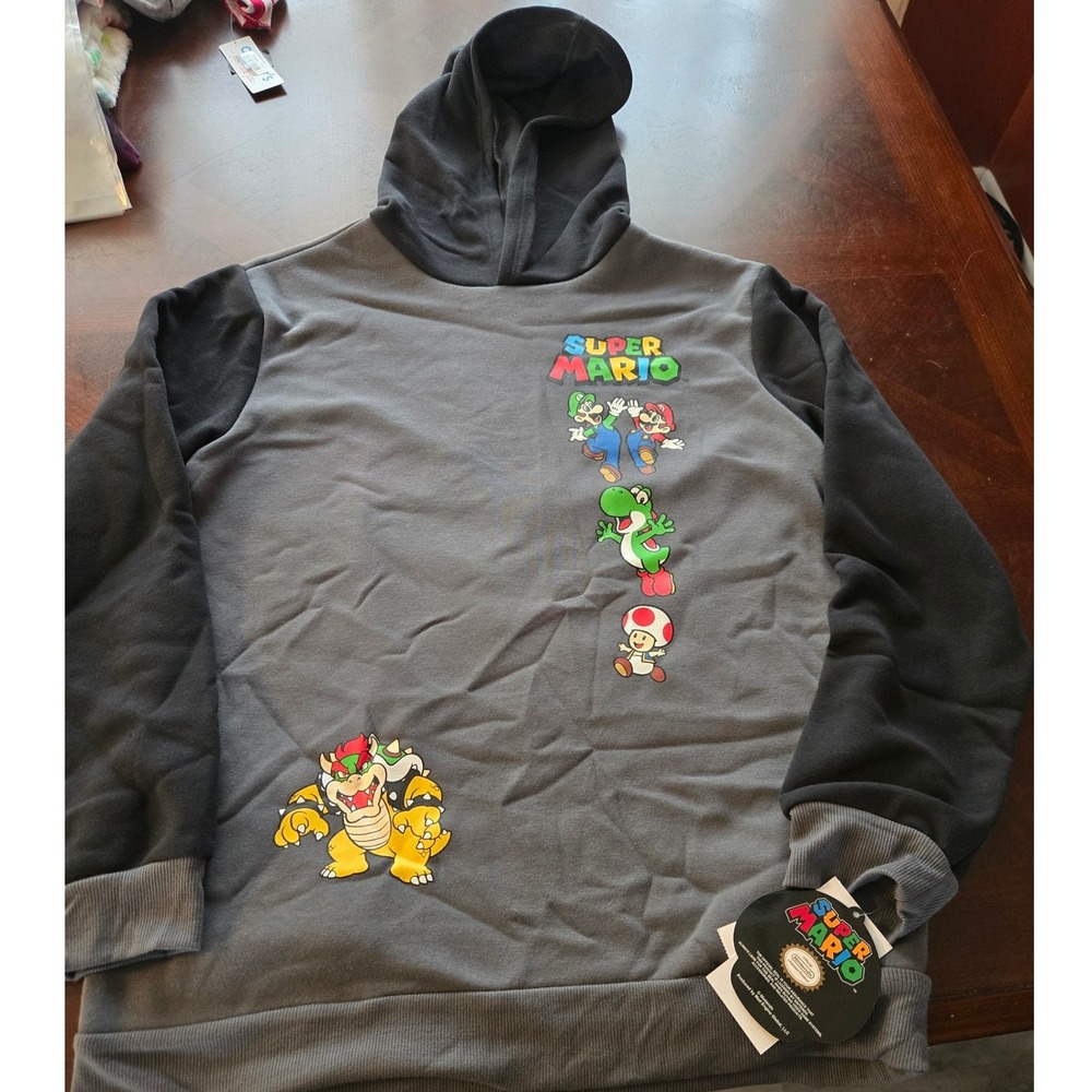 Nintendo Super Mario Mad Engine Fleece Hoodie Gray Black XL Bowser Luigi Yoshi